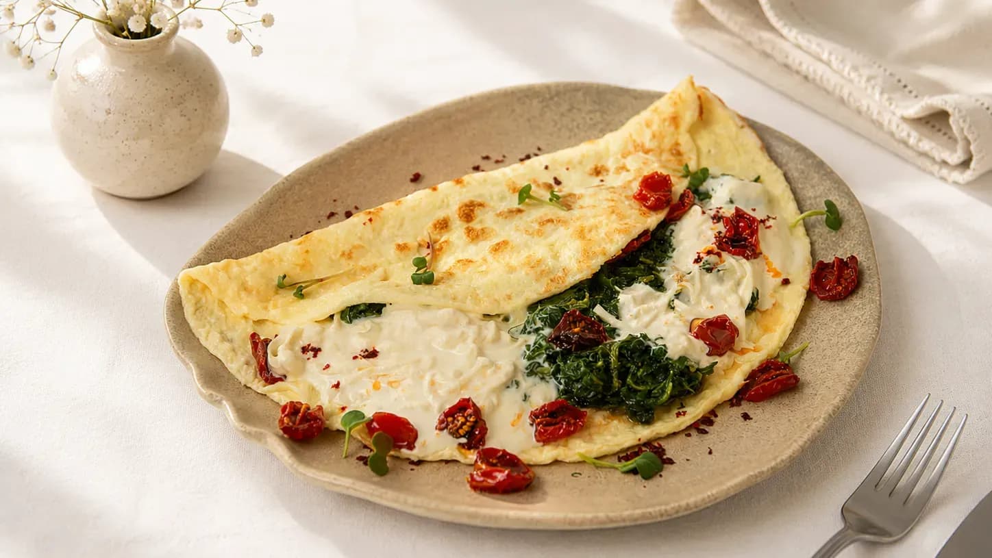 Omelet with spinach, cheese, and sun-dried tomatoes