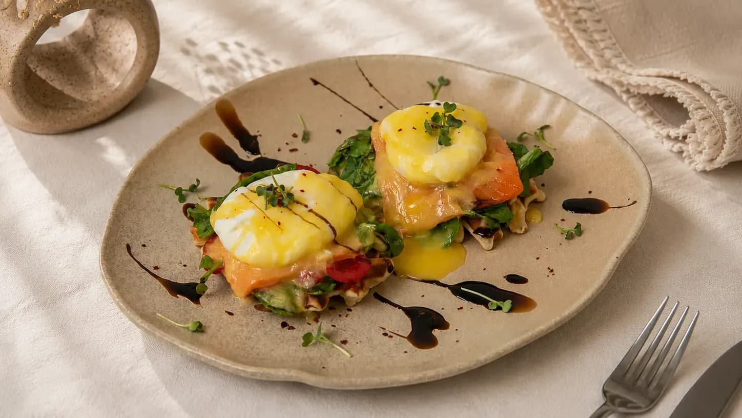 Eggs Benedict with a Vienna waffle and salmon