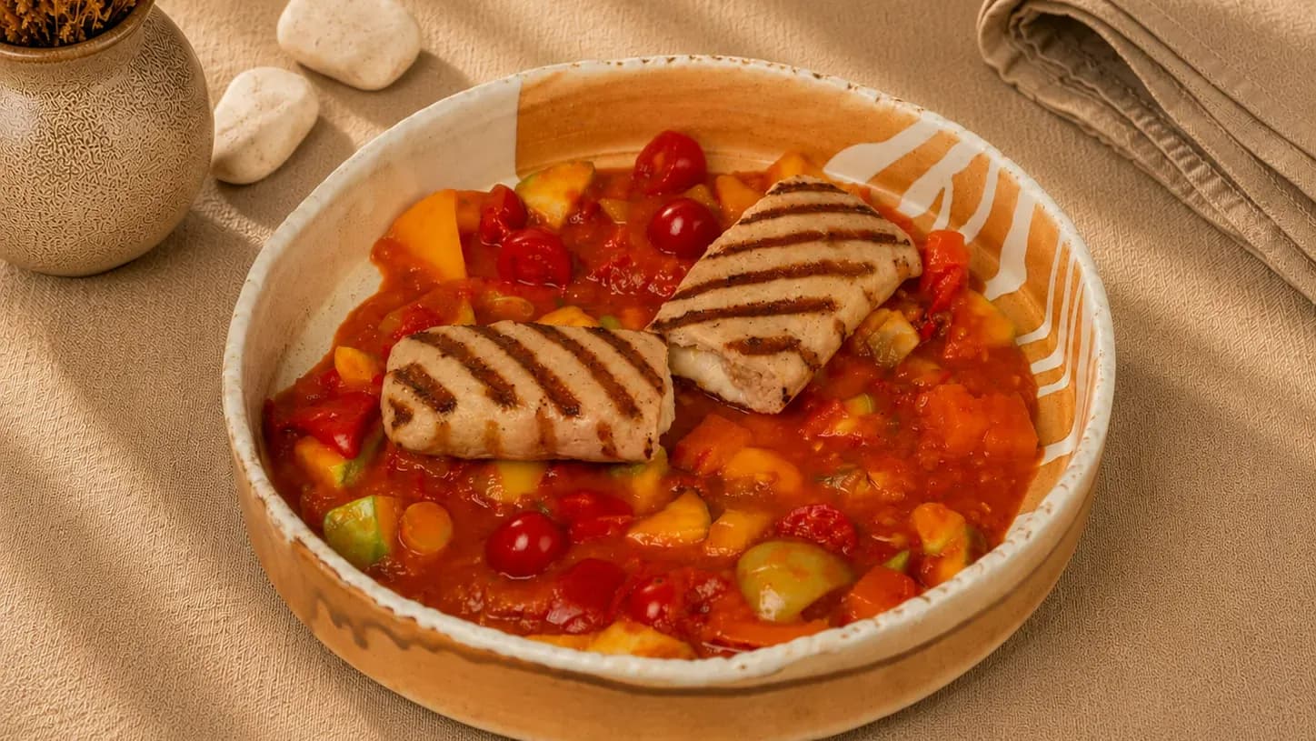 Chicken cutlet with cheese on a bed of vegetable ragout